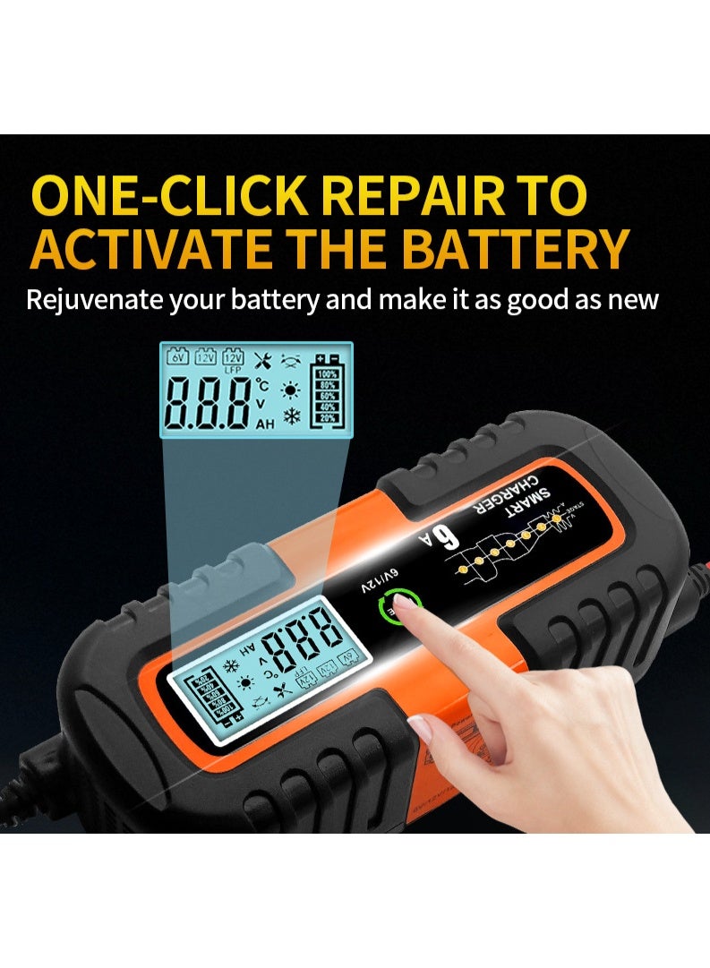 OSALIA Multi-Voltage Intelligent Smart Battery Charger 6A | 6V/12V/12.8V Lead Acid & Lithium Battery Maintainer | LCD Display | One-Click Repair | CPU Precise Control | DC/AC Port for Car, Bike & Scoote - Image 4